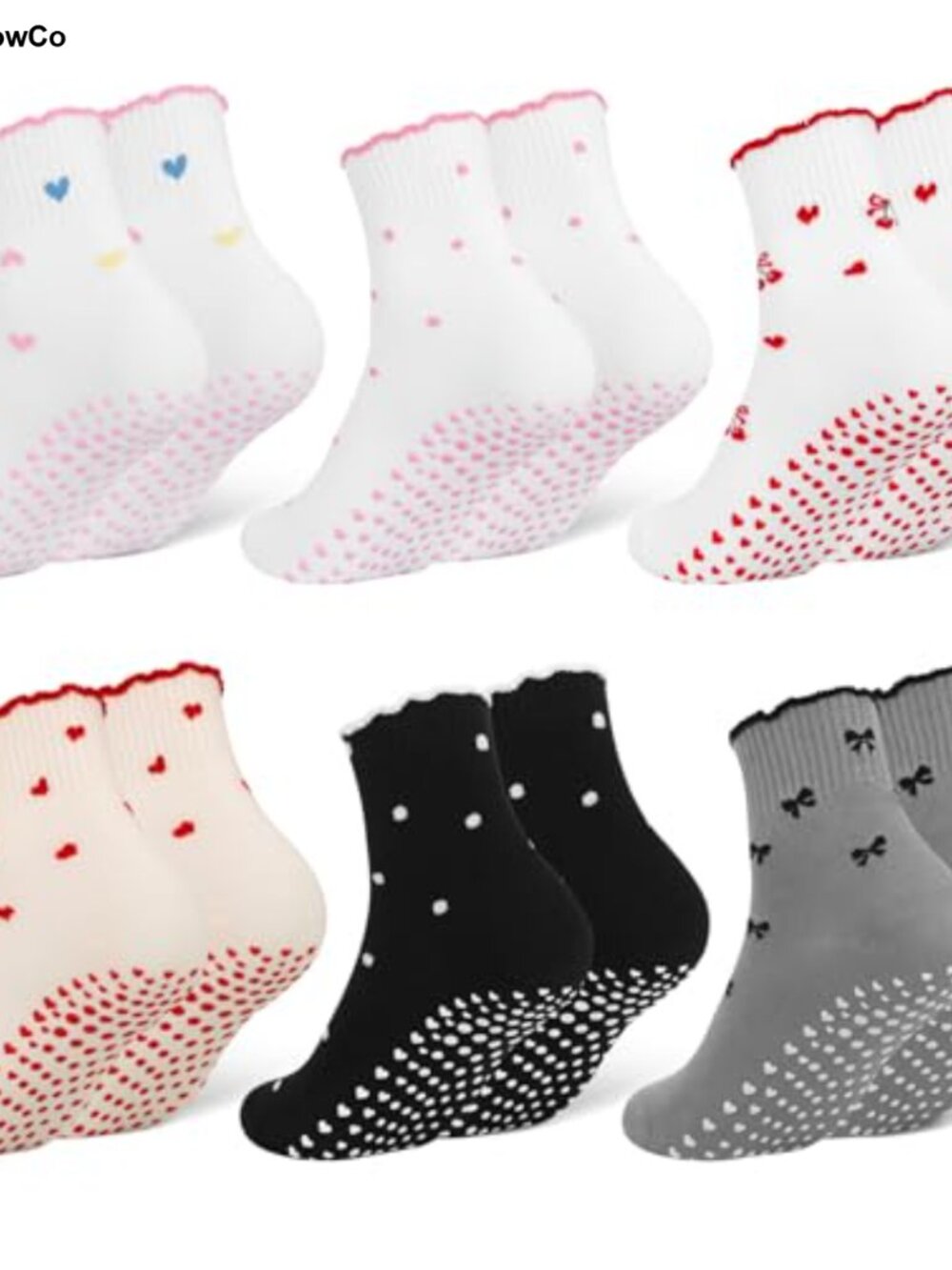 6 Pack Pilates Socks with Grips for Women Cotton Ruffle Yoga Socks